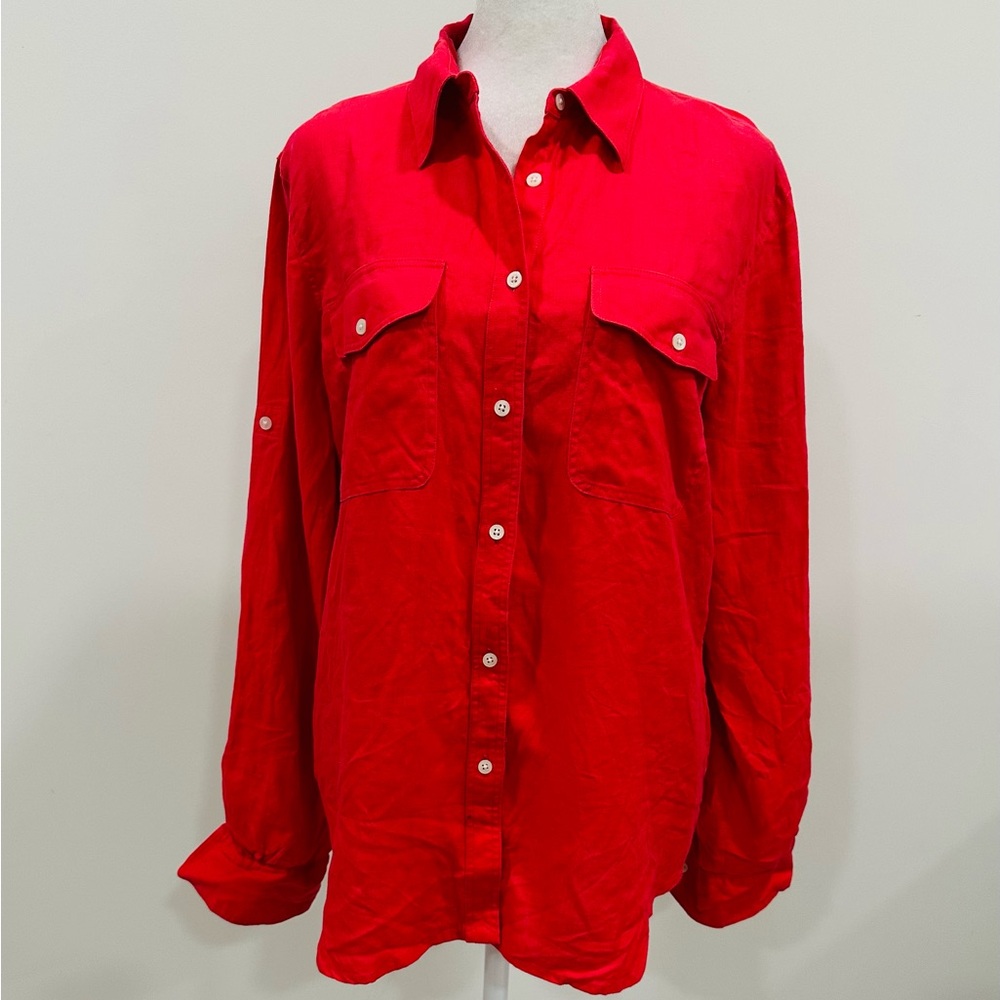 Lauren Ralph Lauren 100% Linen‎ Tunic Top Red Fabric Buttons Women's Size L